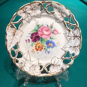 Exquisite China Plate with Flowers, Gold Trim & scalloped-cut out edges